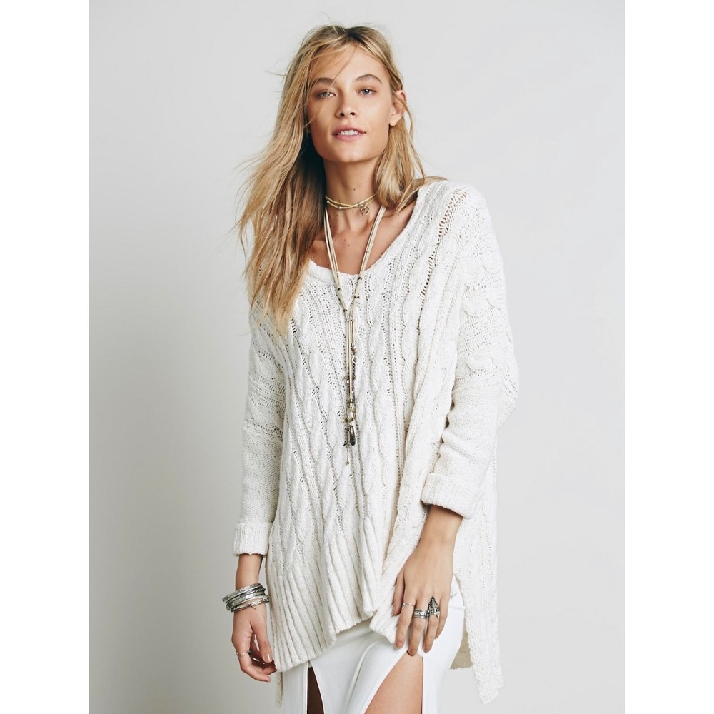 Free‎ People Easy Cable V-Neck Sweater Ivory Size Small Boho Oversized Fisherman